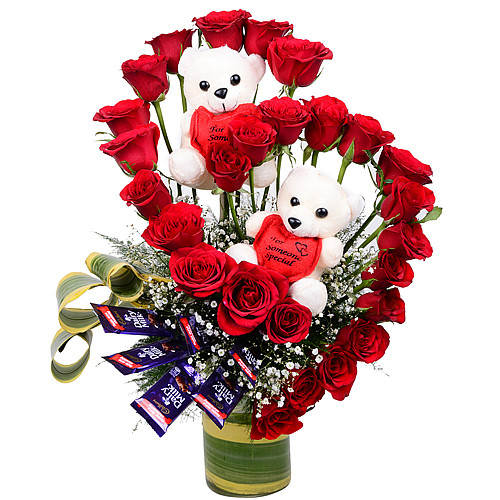 2 Cute Teddy Bears with 24 Fresh Red Roses & 6 Dairy Milk - City Cakes ...